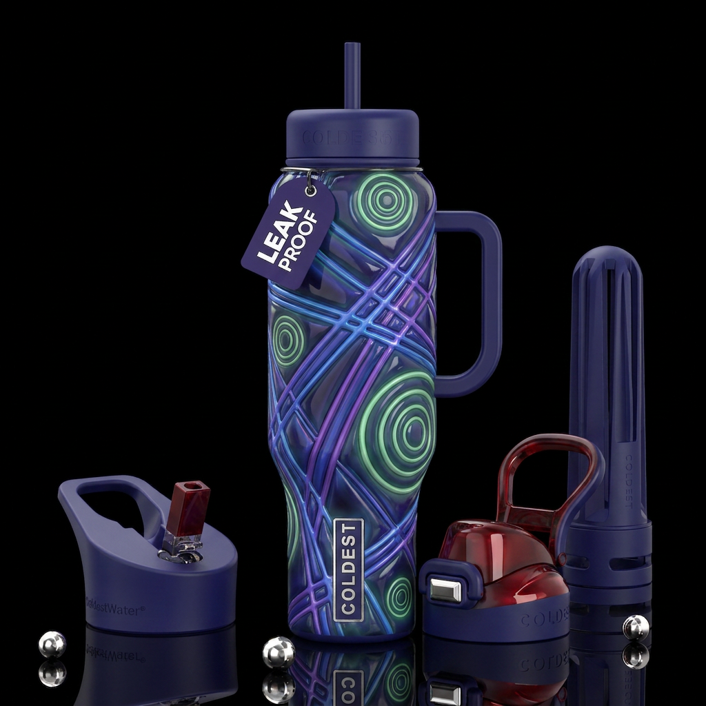 Blue and purple lines,  green circles,, glossy, tr... water bottle design
