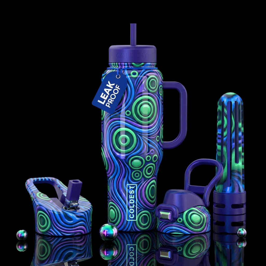Blue and purple lines,green circles, glossy, tromp... water bottle design