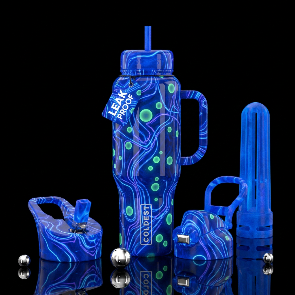 Blue and purple lines,green circles, glossy, tromp... water bottle design