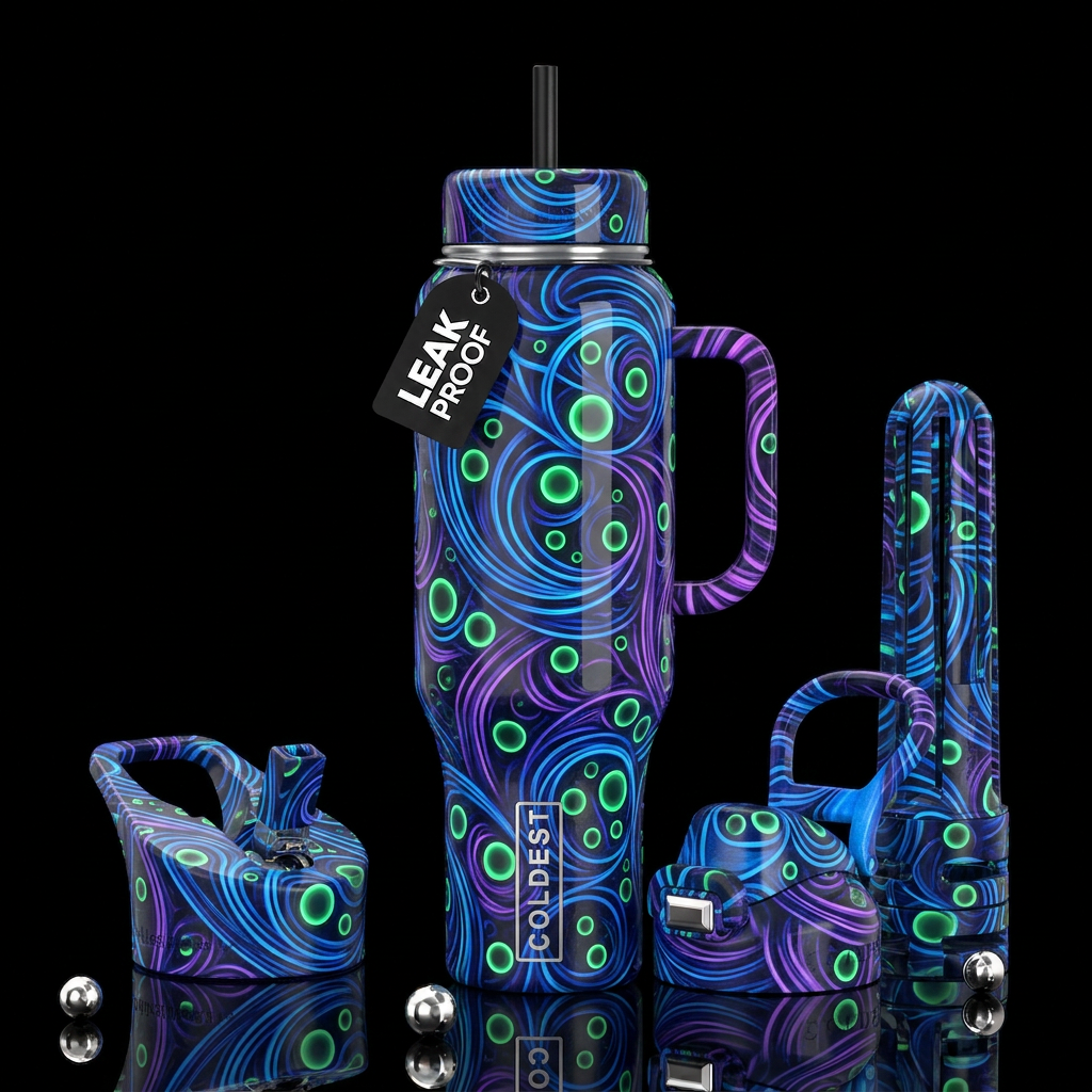 Blue and purple lines,green circles, glossy, tromp... water bottle design