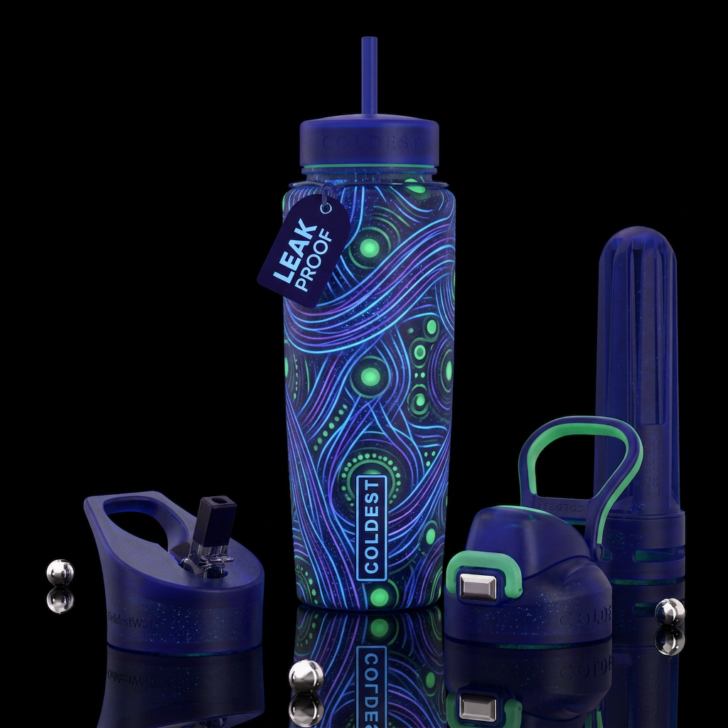 Blue and purple lines,green circles, glossy, tromp... water bottle design