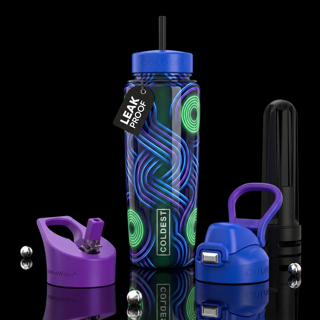 Blue and purple lines,green circles, glossy, tromp... water bottle design