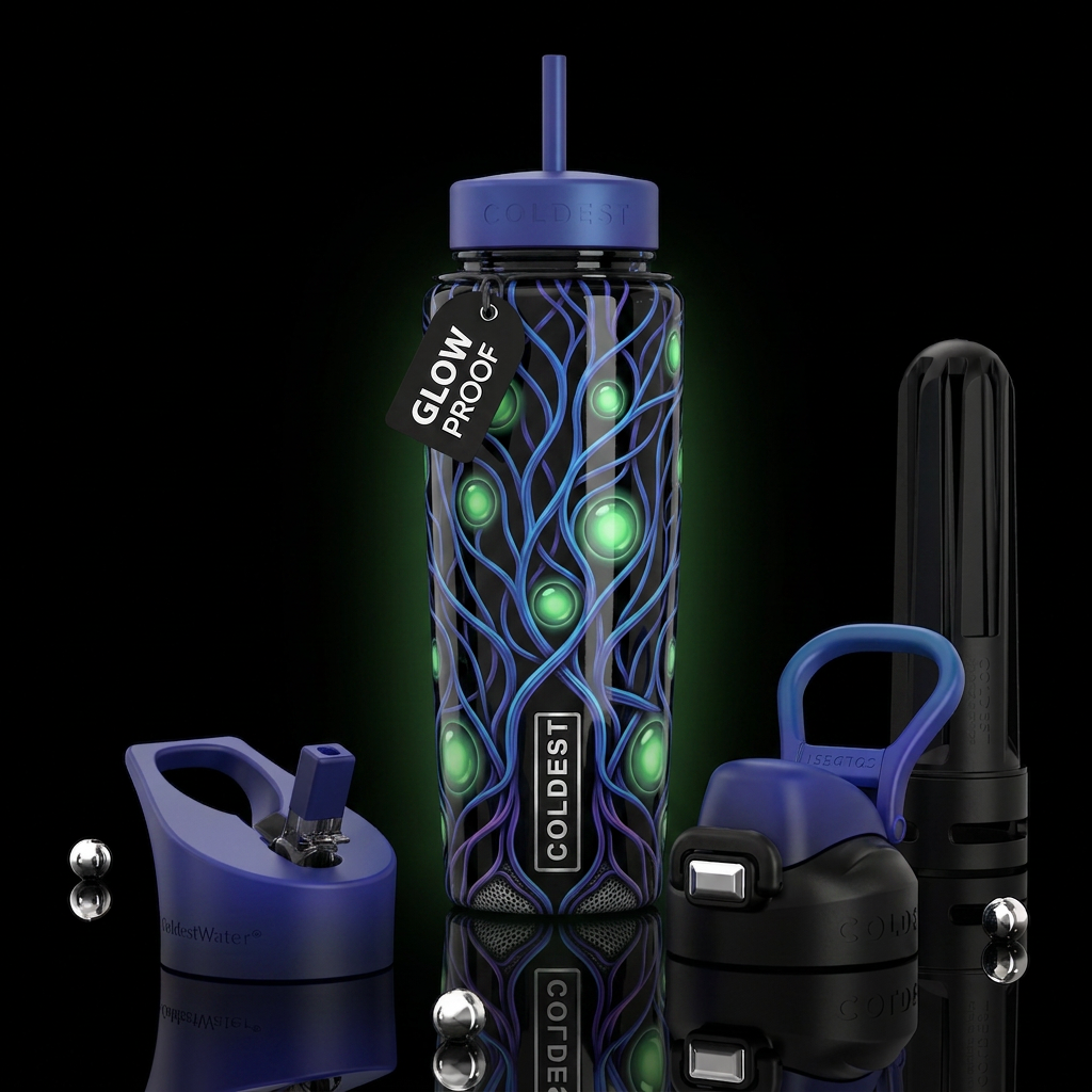 Blue and purple lines,green circles, glossy, tromp... water bottle design