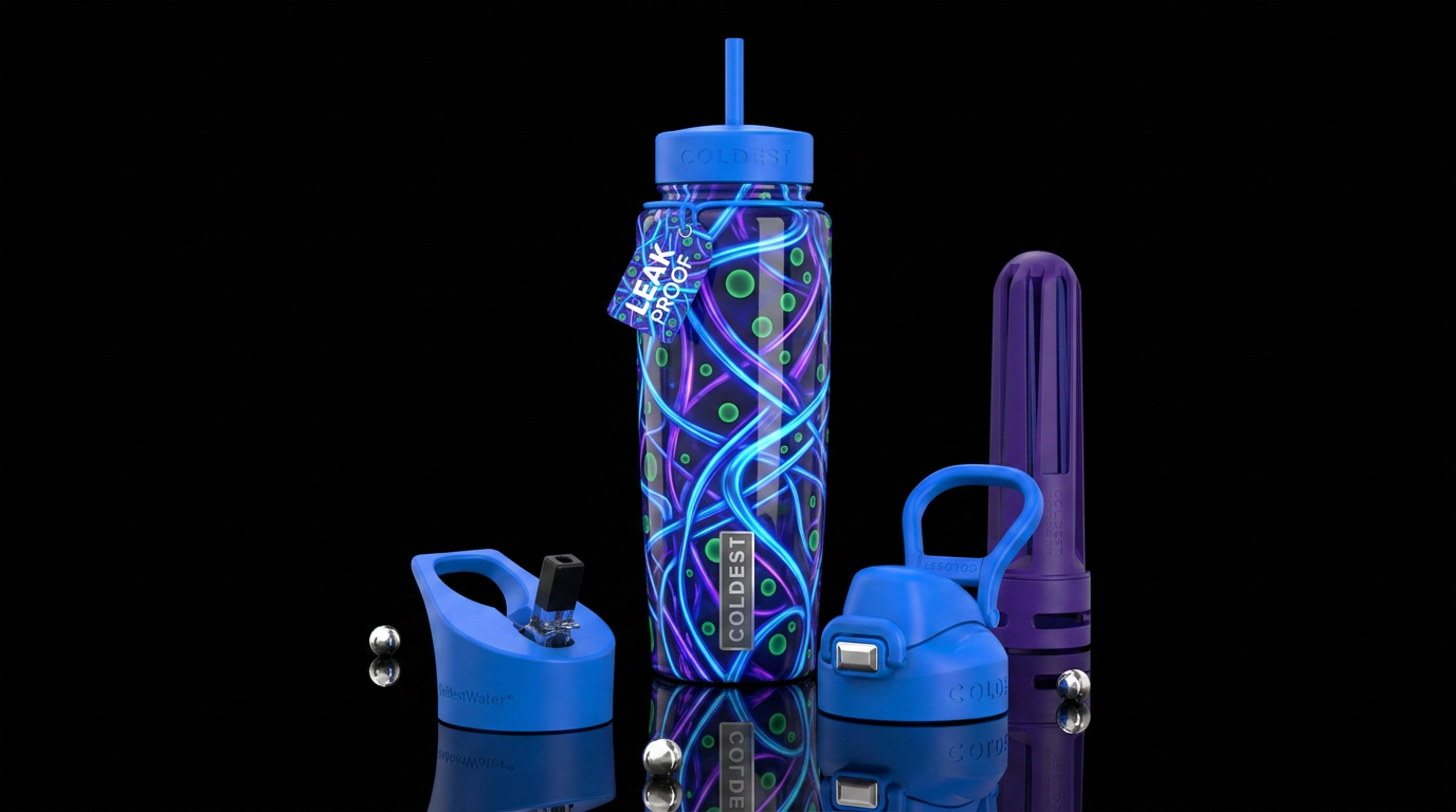 Blue and purple lines,green circles, glossy, tromp... water bottle design