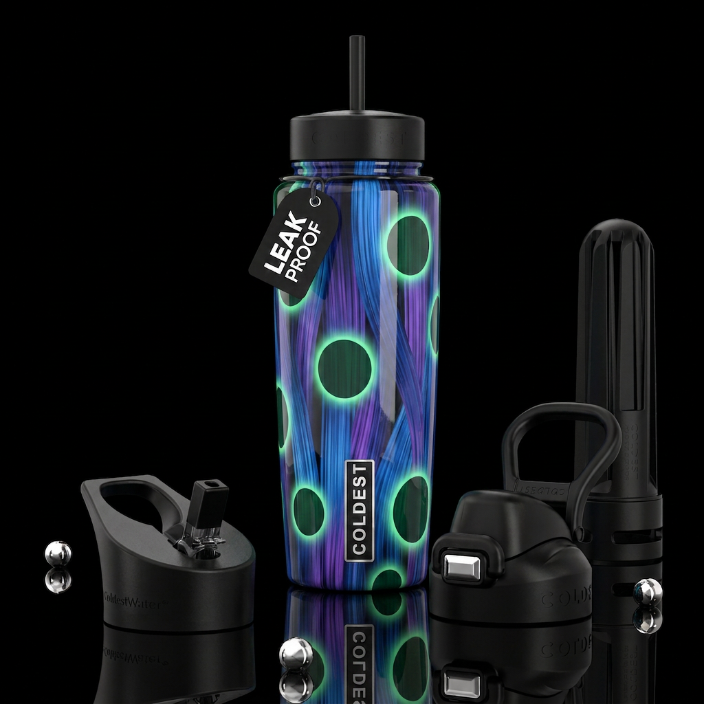 Blue and purple brushed lines,green circles, gloss... water bottle design