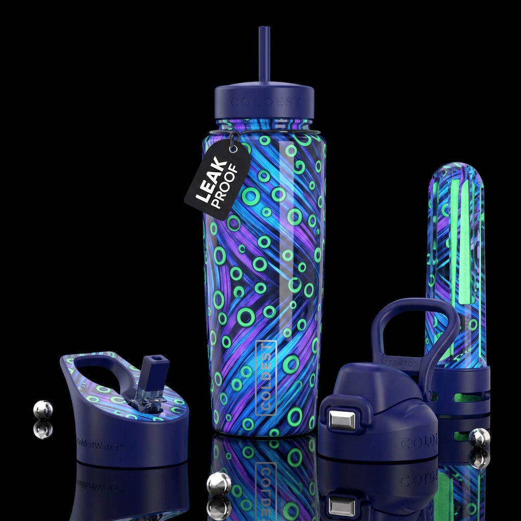 Blue and purple brushed lines,green circles, gloss... water bottle design