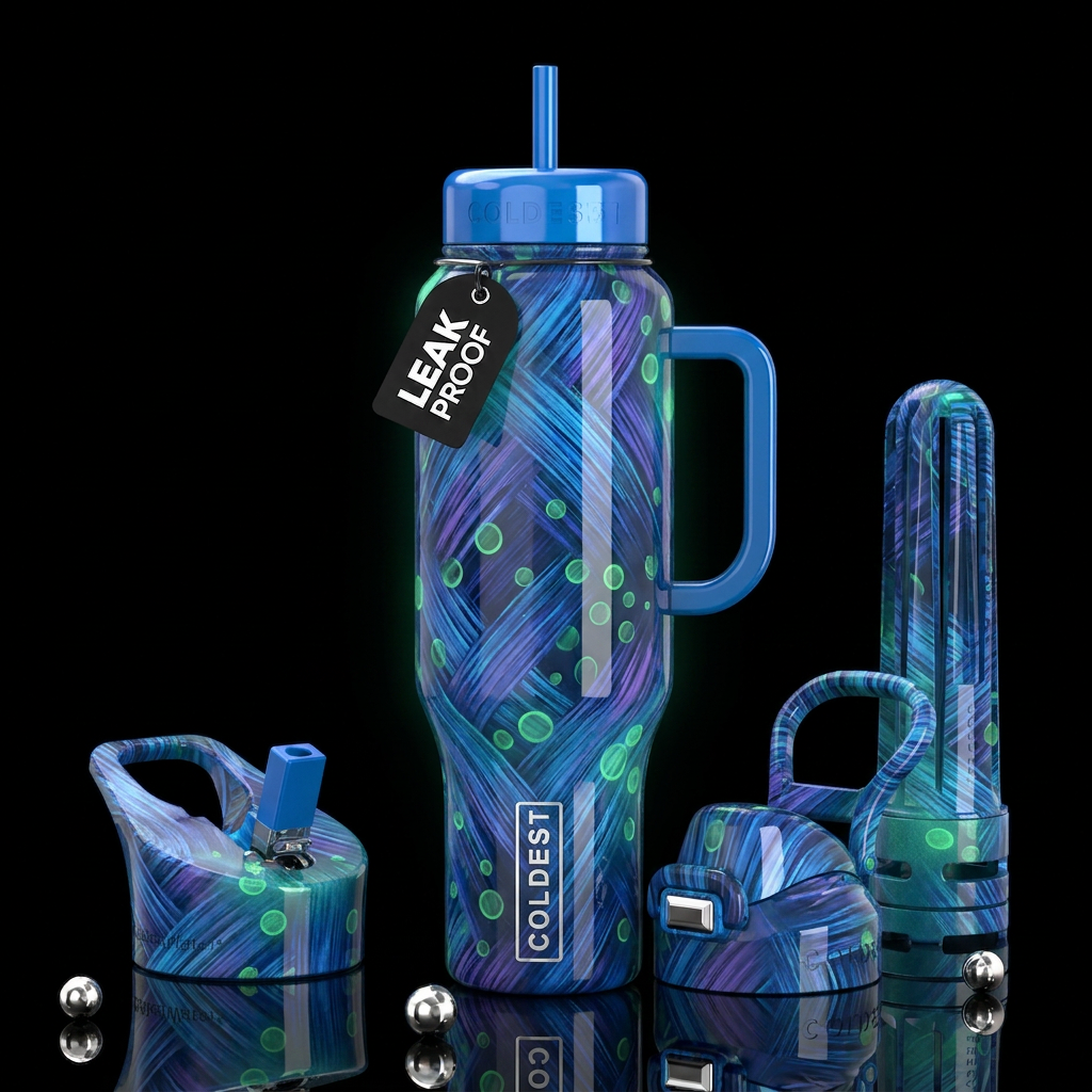 Blue and purple brushed lines,green circles, gloss... water bottle design