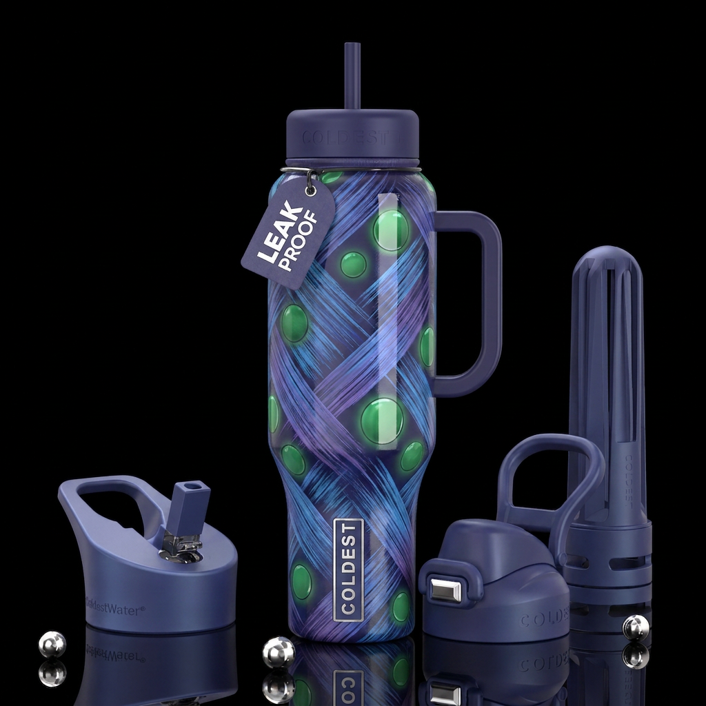 Blue and purple brushed lines,green circles, gloss... water bottle design