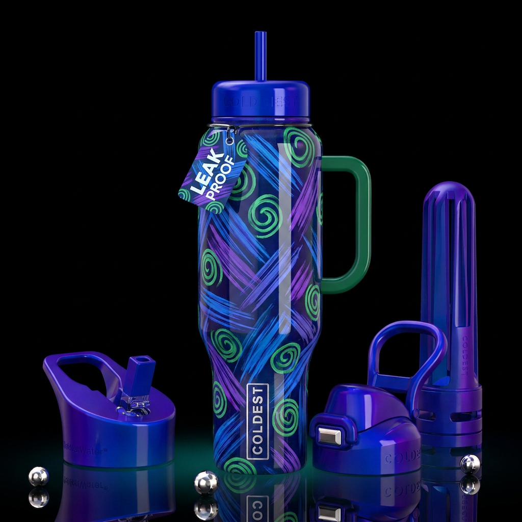 Blue and purple brushed lines,green squiggly circl... water bottle design