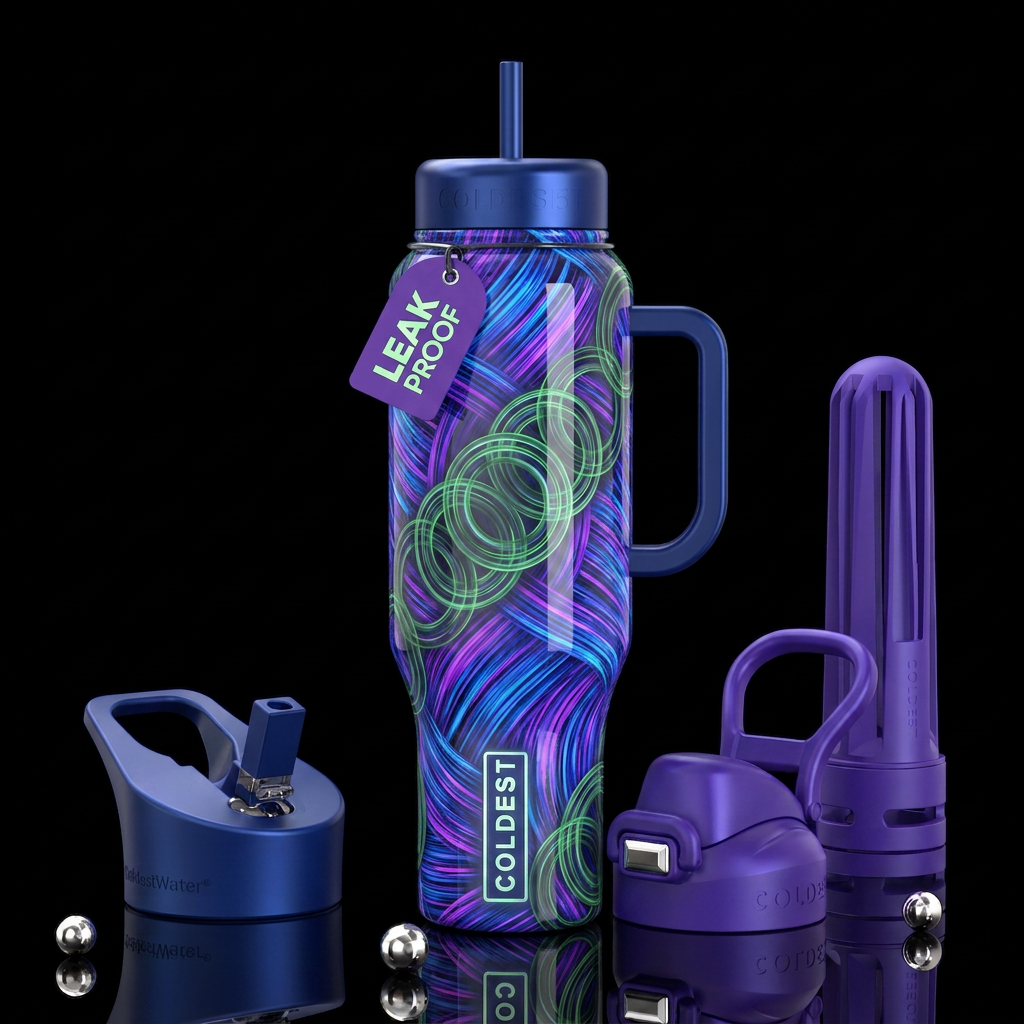 Blue and purple brushed lines,green squiggly circl... water bottle design