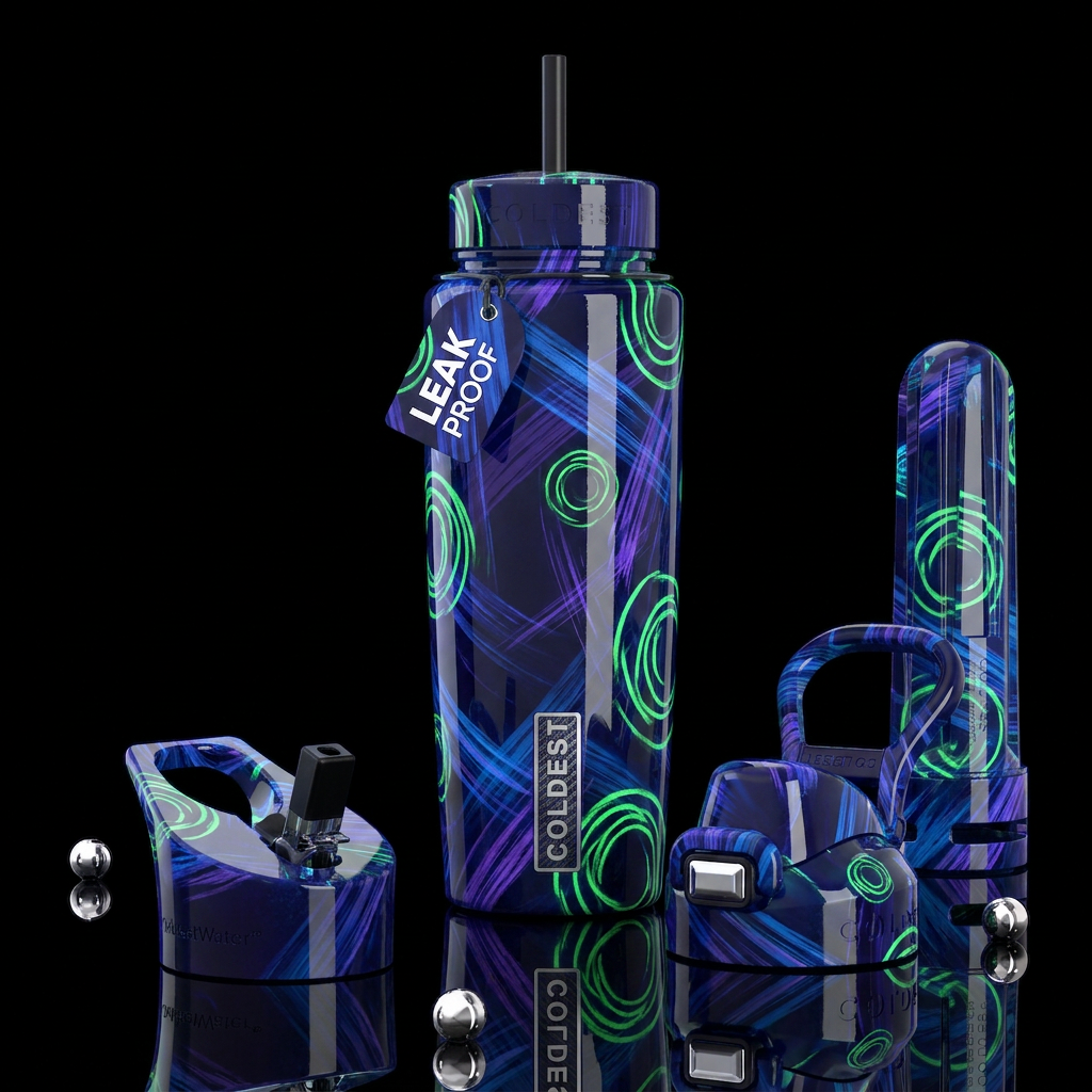 Blue and purple brushed lines,green squiggly circl... water bottle design