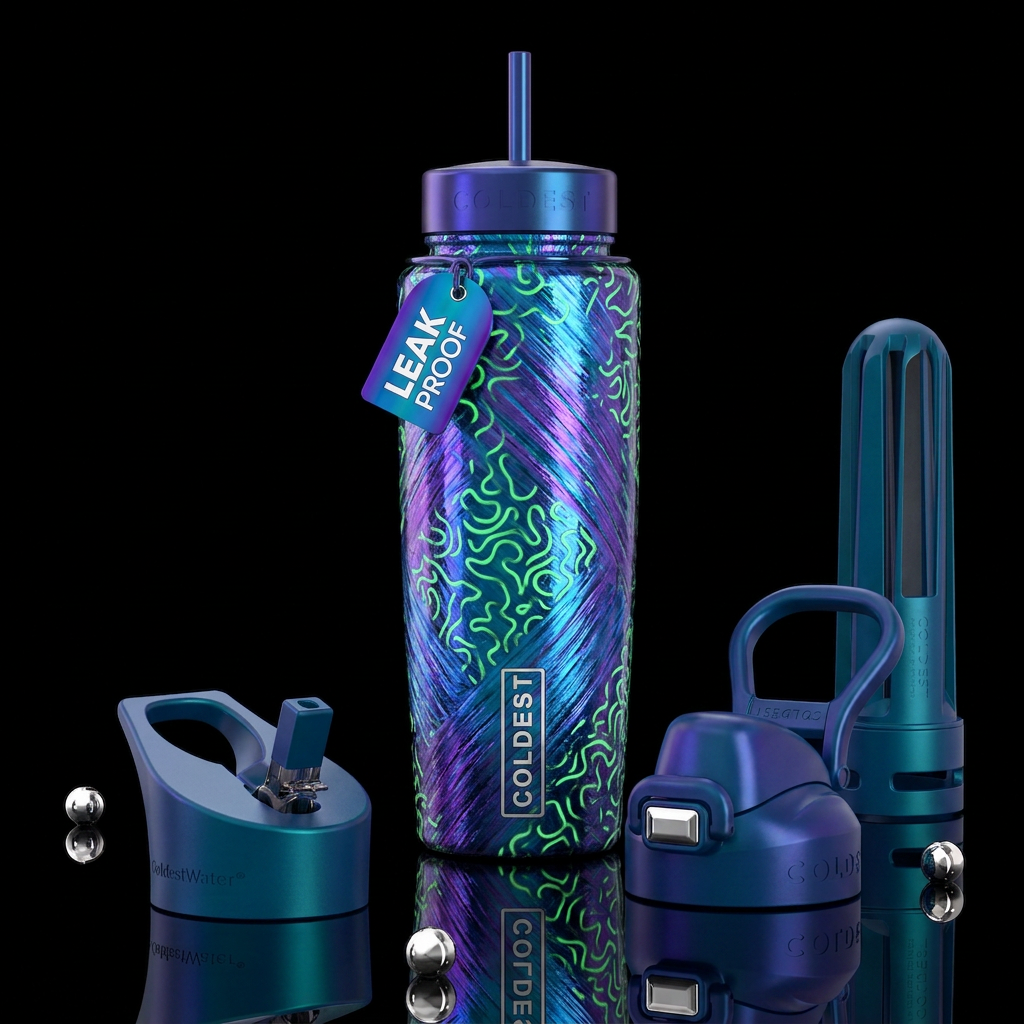Blue and purple brushed lines,green squiggly , glo... water bottle design