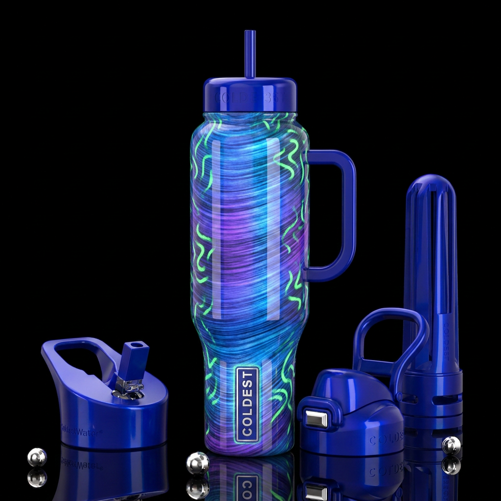Blue and purple brushed lines,green squiggly , glo... water bottle design