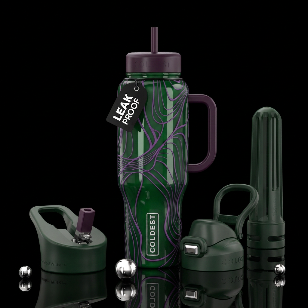 Green background, purple lines,glossy, trompe-l'œi... water bottle design