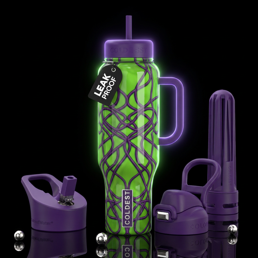 Green background, purple lines,glossy, trompe-l'œi... water bottle design