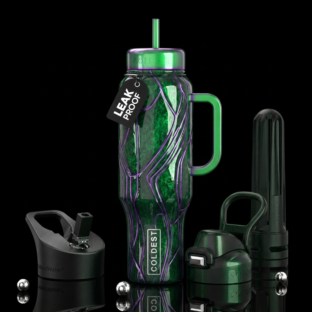Green background, purple lines,glossy, trompe-l'œi... water bottle design