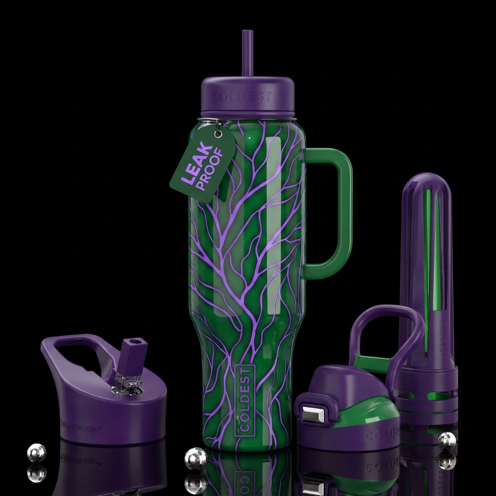 Green background, purple lines,glossy, trompe-l'œi... water bottle design