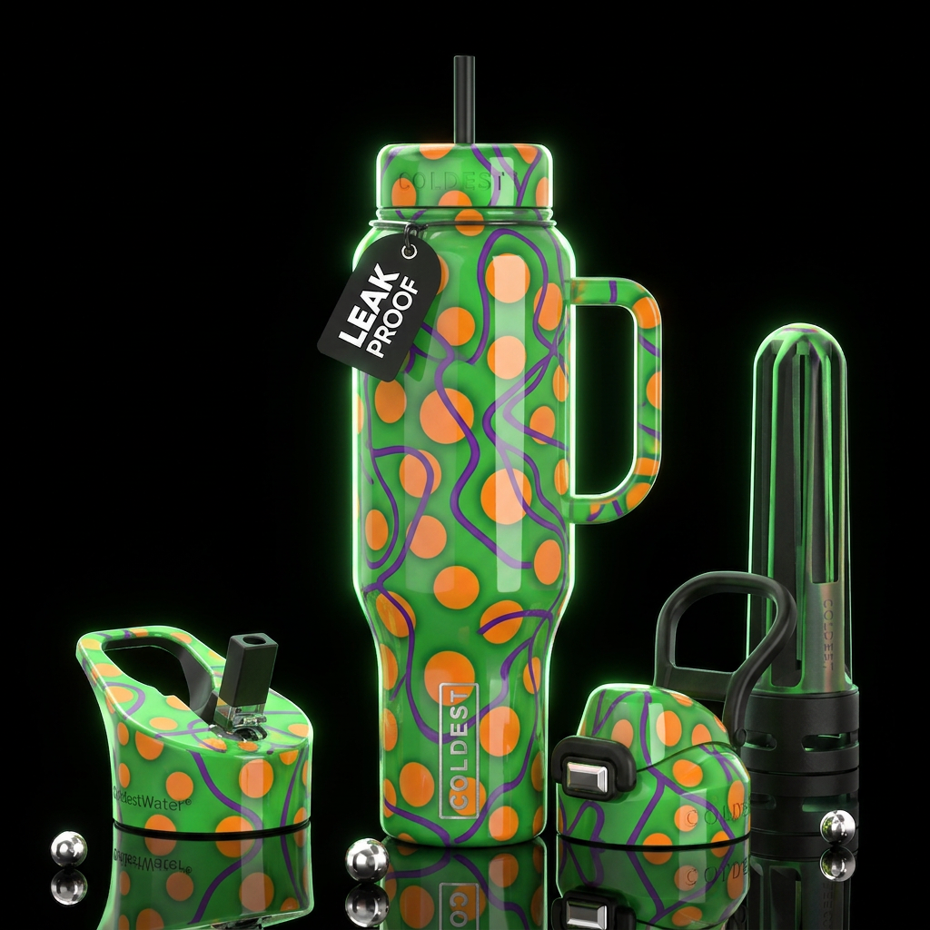 Green background, orange circles, purple lines,glo... water bottle design