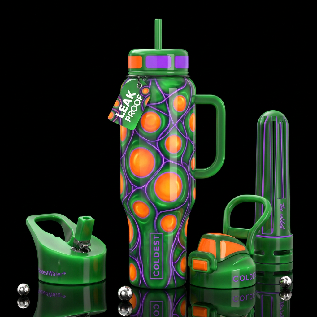 Green background, orange circles, purple lines,glo... water bottle design