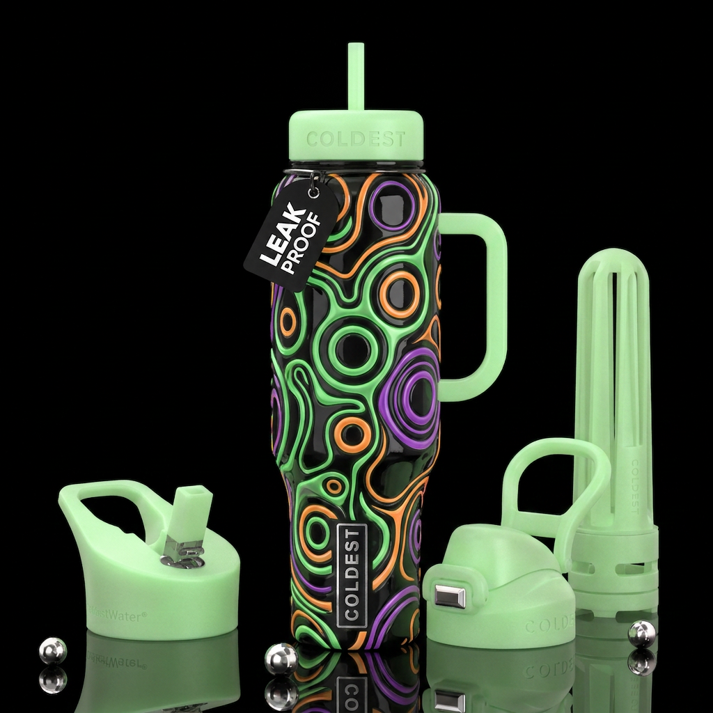 Green background, orange circles, purple lines,glo... water bottle design