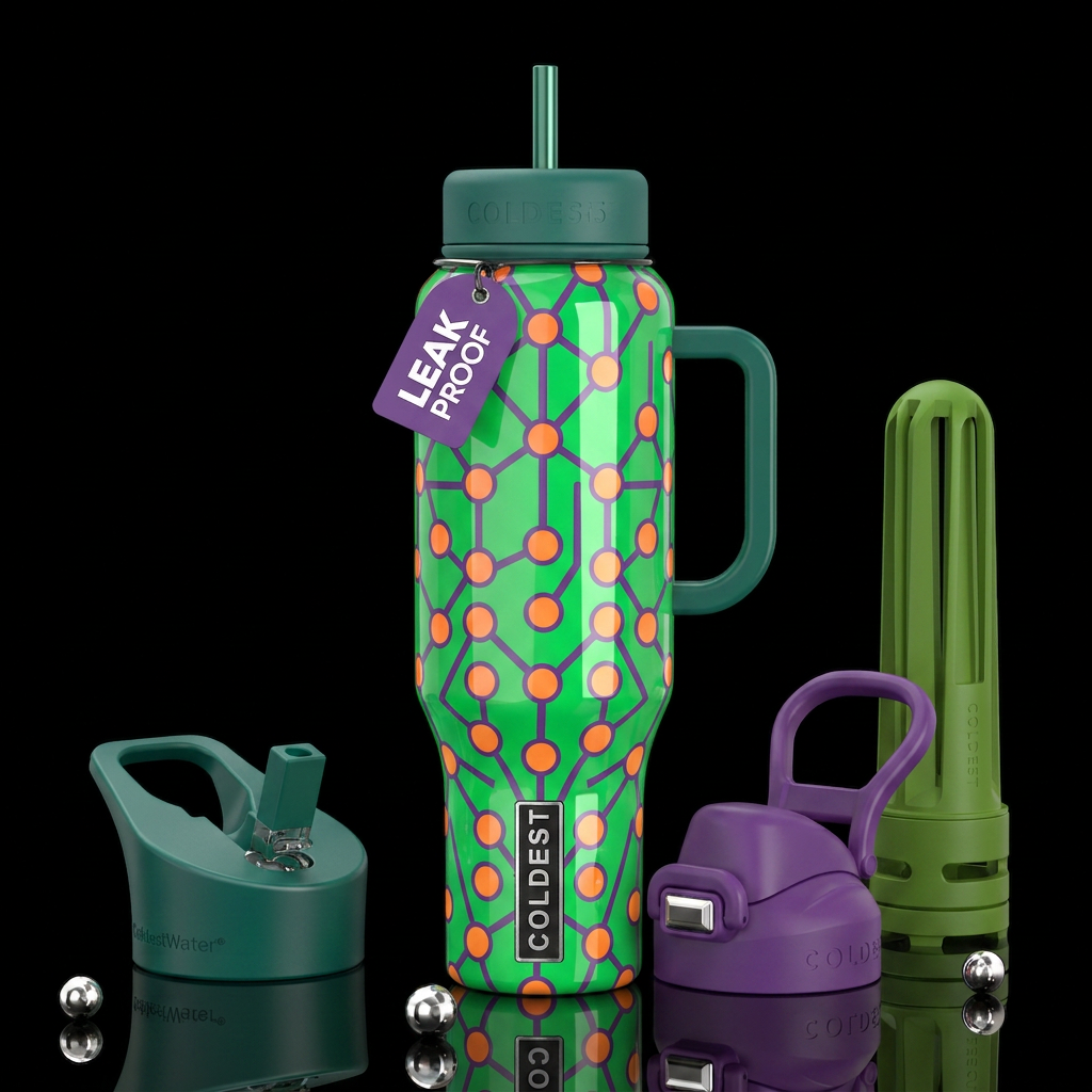 Green background, orange circles, purple lines,glo... water bottle design