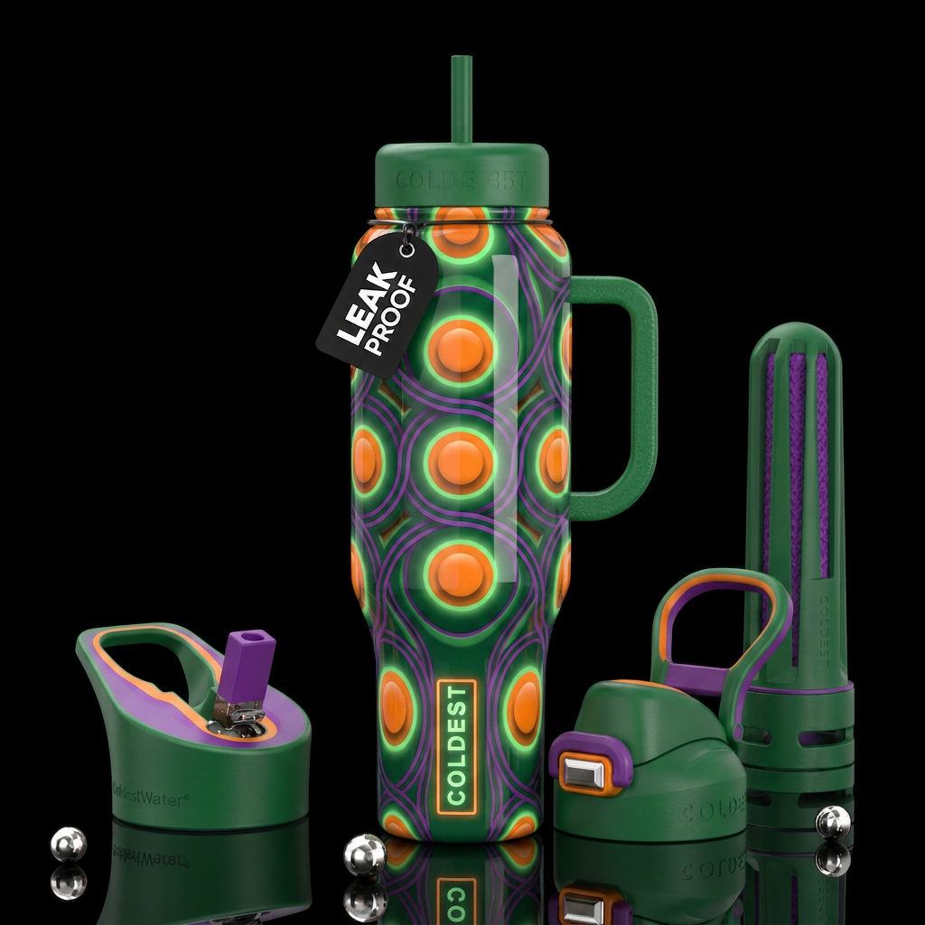 Green background, orange circles, purple lines,glo... water bottle design