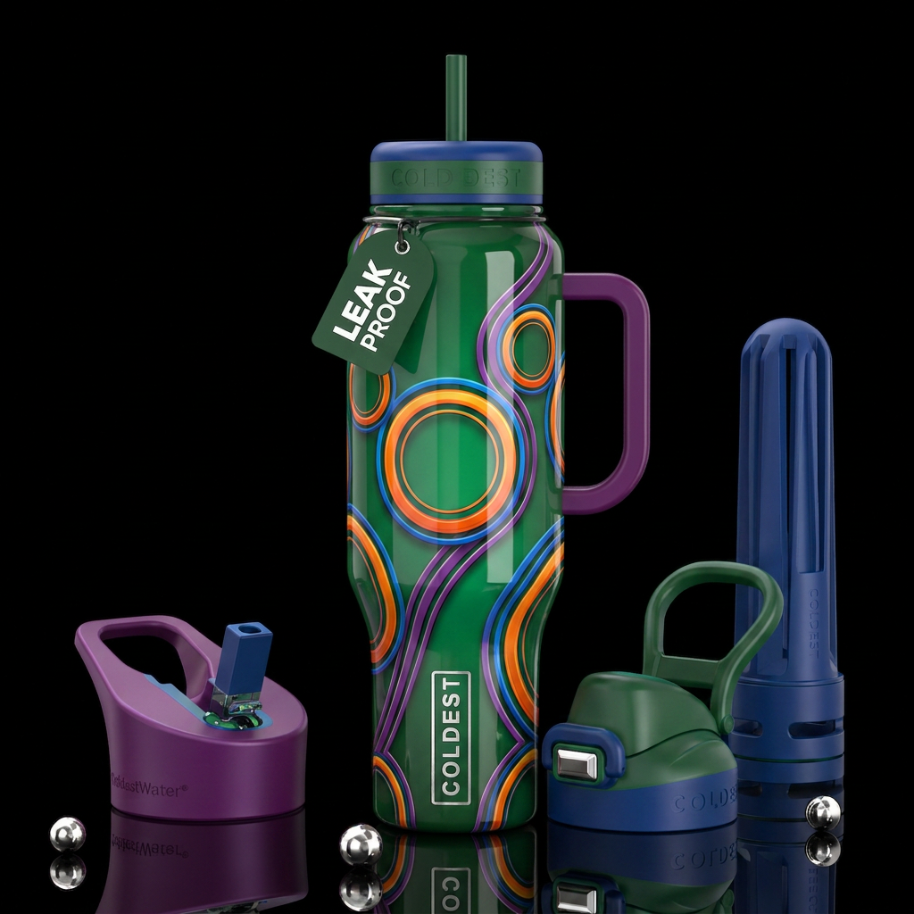 Green background, orange and blue circles, purple ... water bottle design