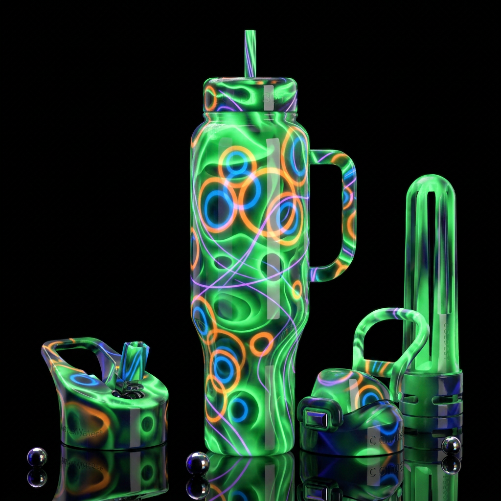 Green background, orange and blue circles, purple ... water bottle design