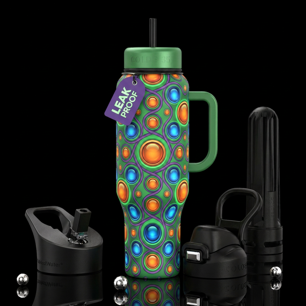 Green background, orange and blue circles, purple ... water bottle design