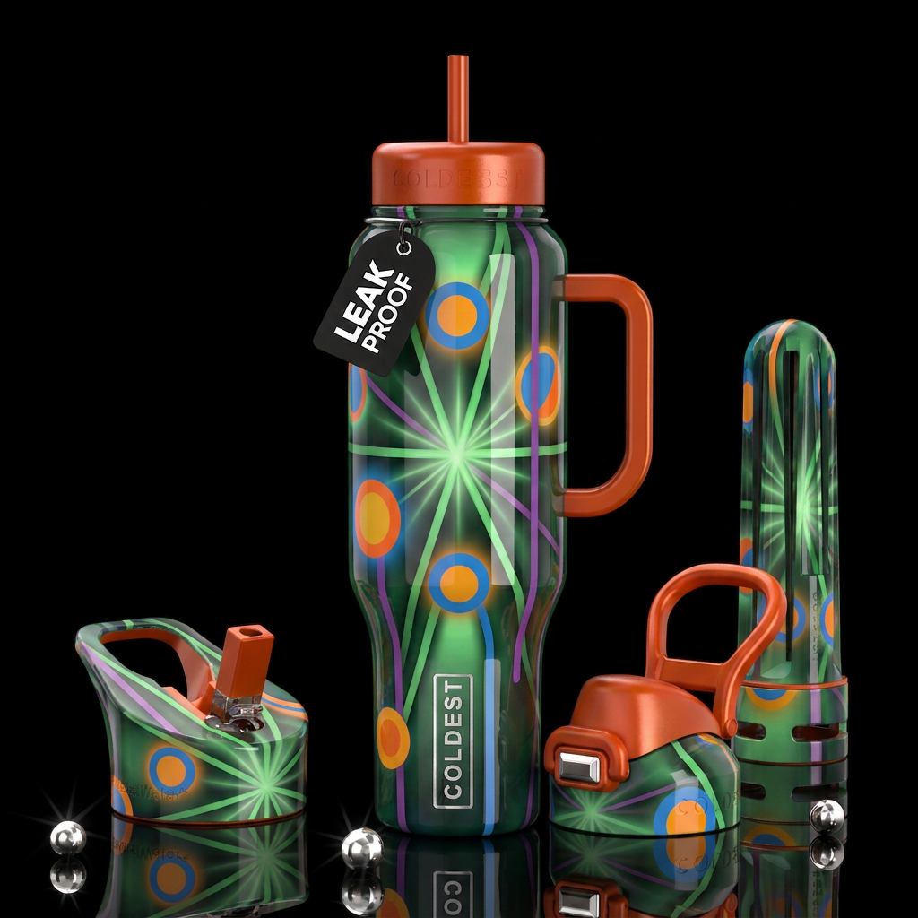 Green lines, orange and blue circles, purple lines... water bottle design