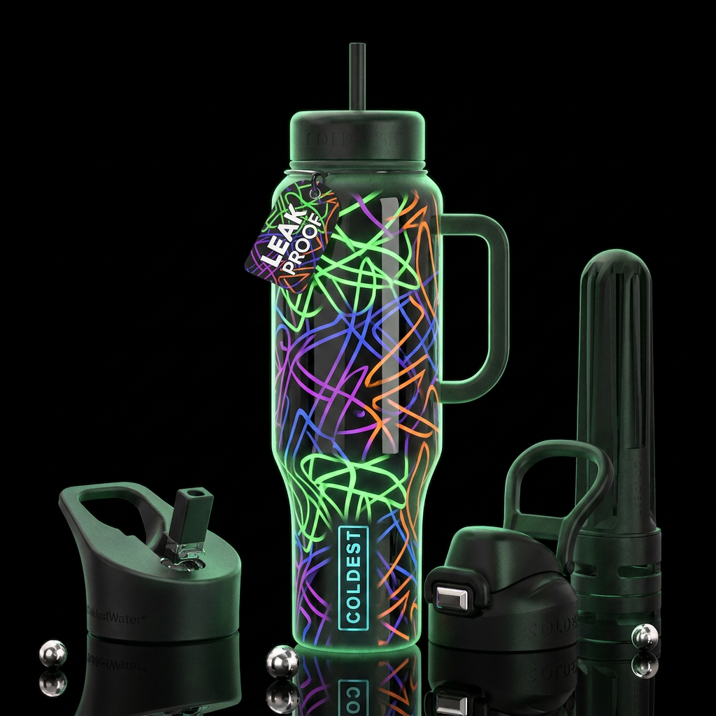 Green lines, orange and blue circles, purple lines... water bottle design