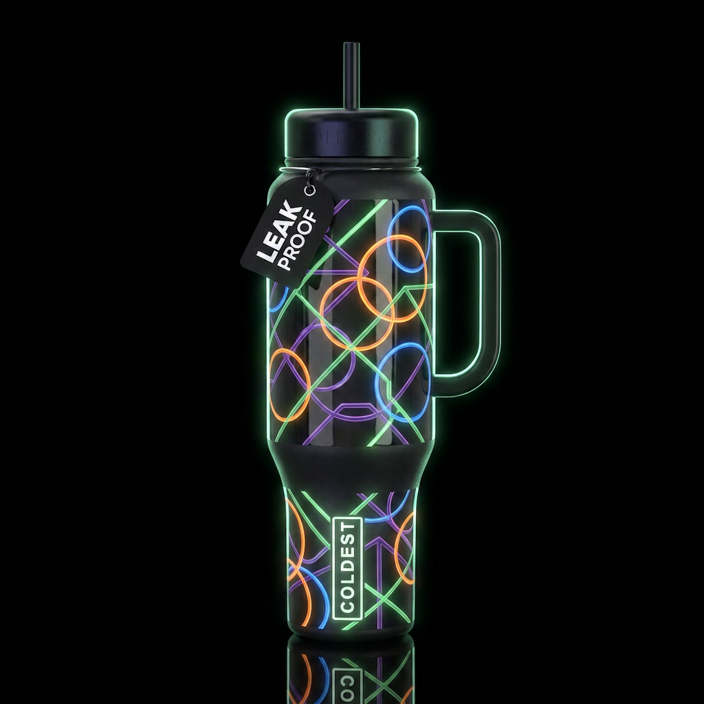 Green lines, orange and blue circles, purple lines... water bottle design
