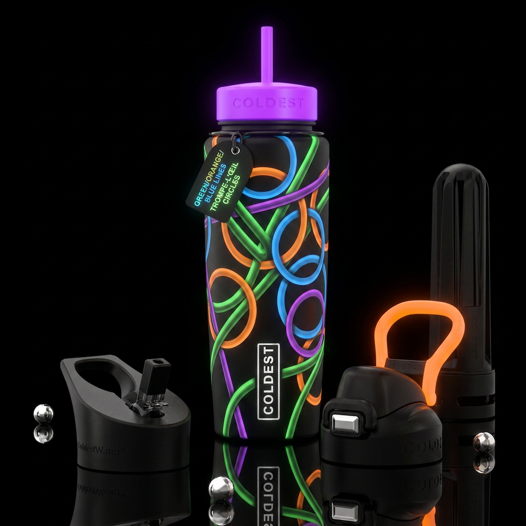 Green lines, orange and blue circles, purple lines... water bottle design