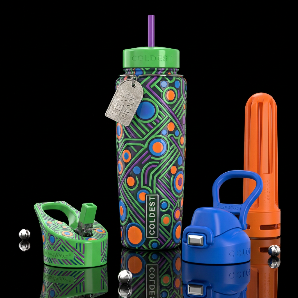 Green lines, orange and blue circles, purple lines... water bottle design