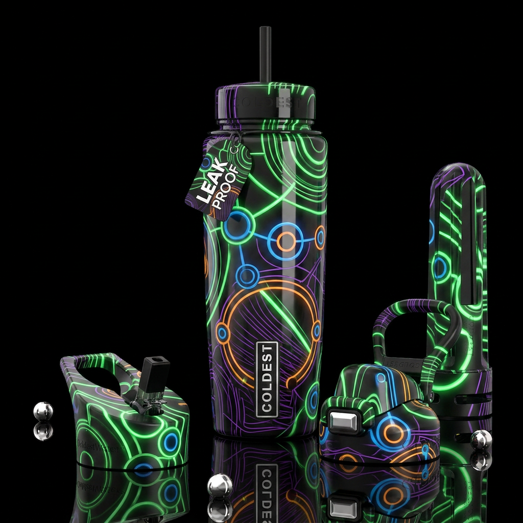 Green lines, orange and blue circles, purple lines... water bottle design