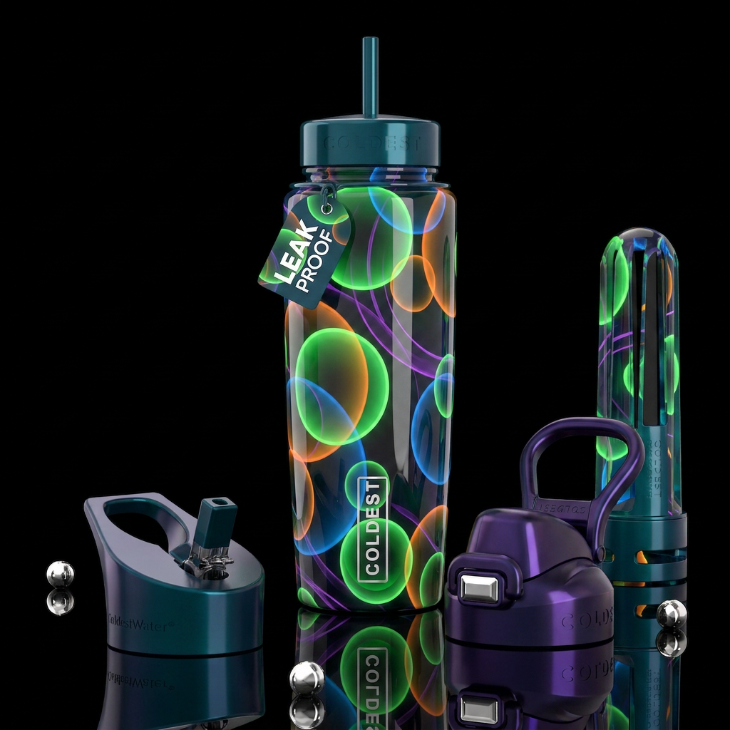 Green , orange and blue circles, purple lines,glos... water bottle design