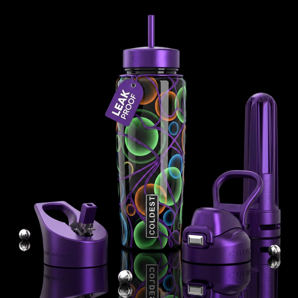 Green , orange and blue circles, purple lines,glos... water bottle design