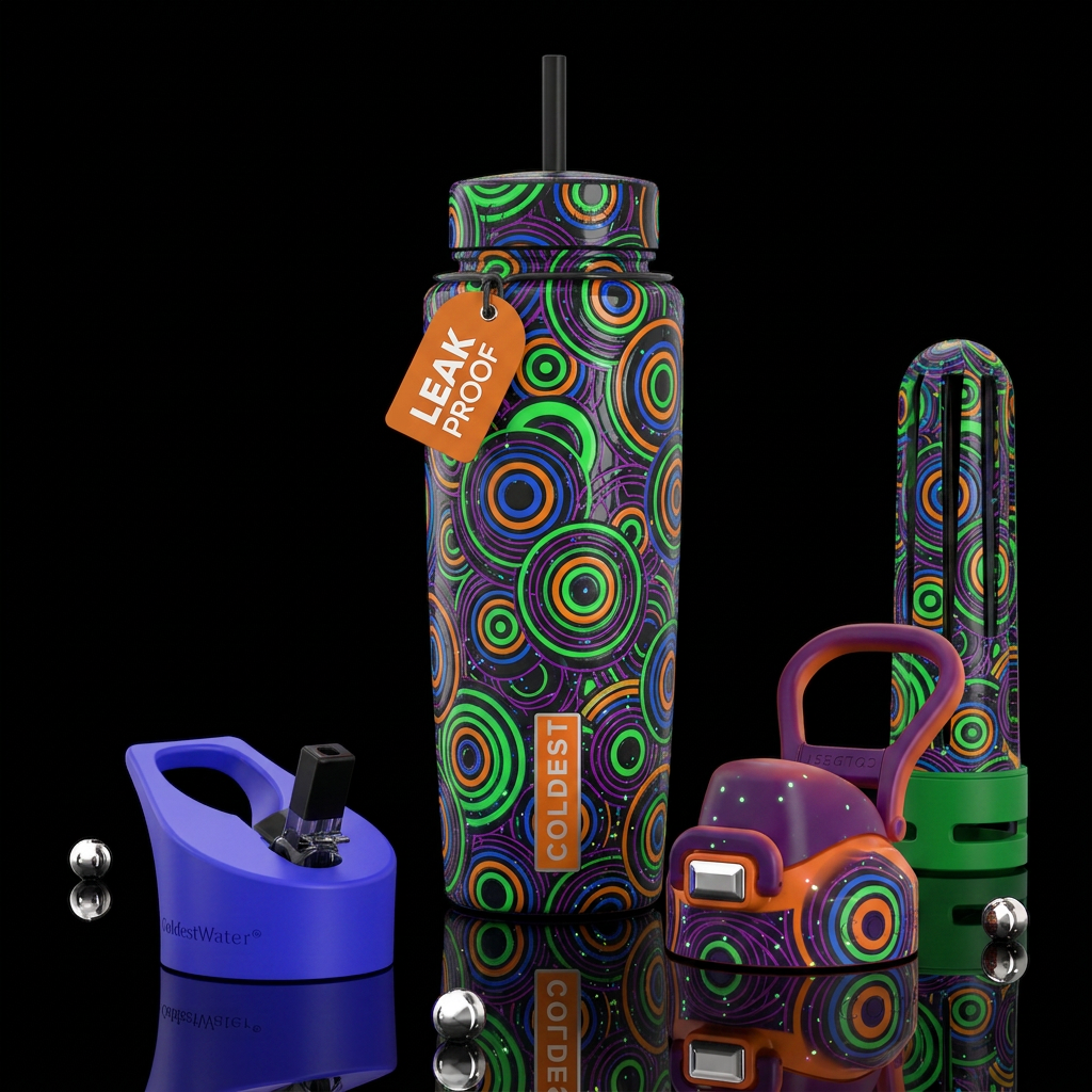 Green , orange and blue circles, purple lines,glos... water bottle design