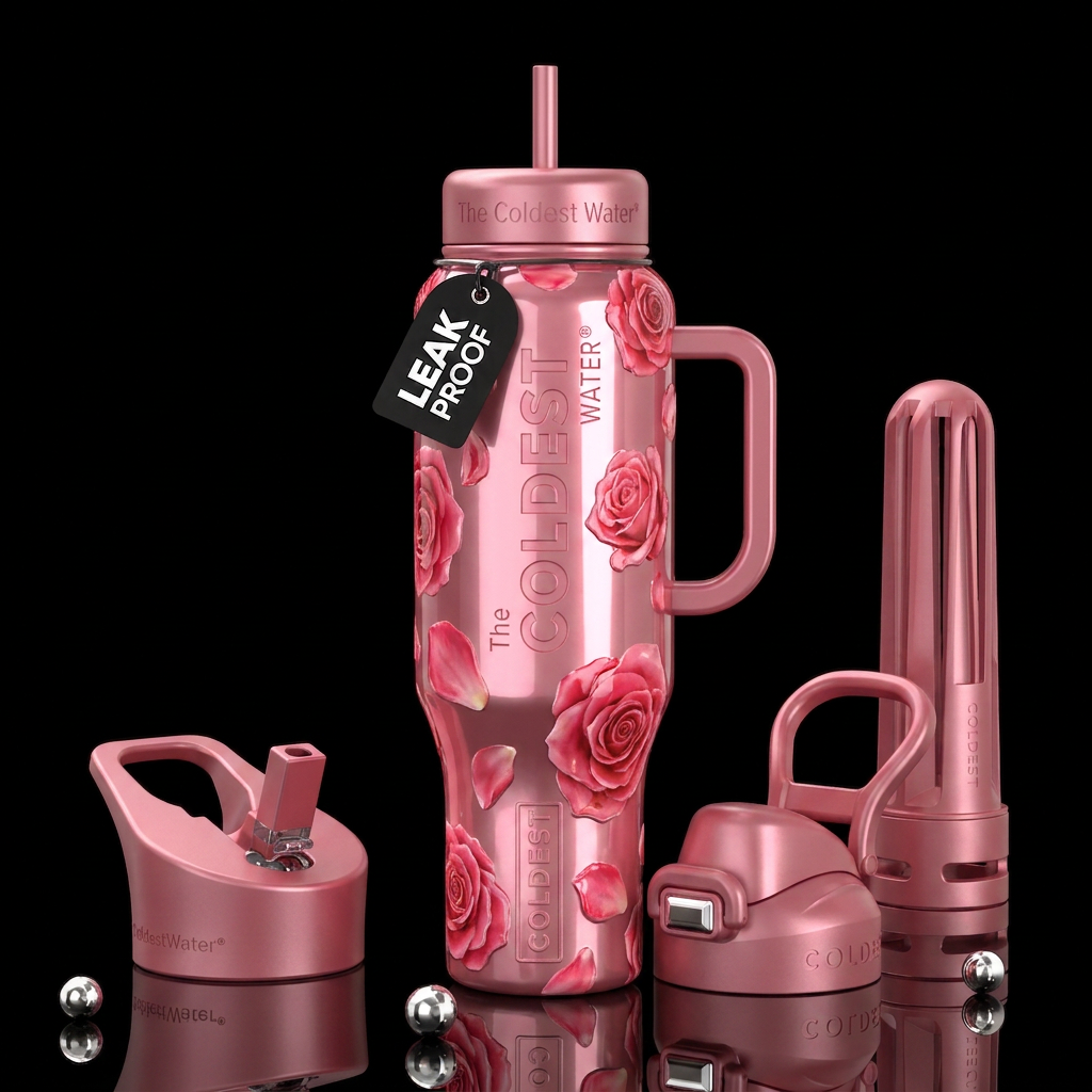 Rose rose, glossy, trompe-l'œil, beautiferous water bottle design