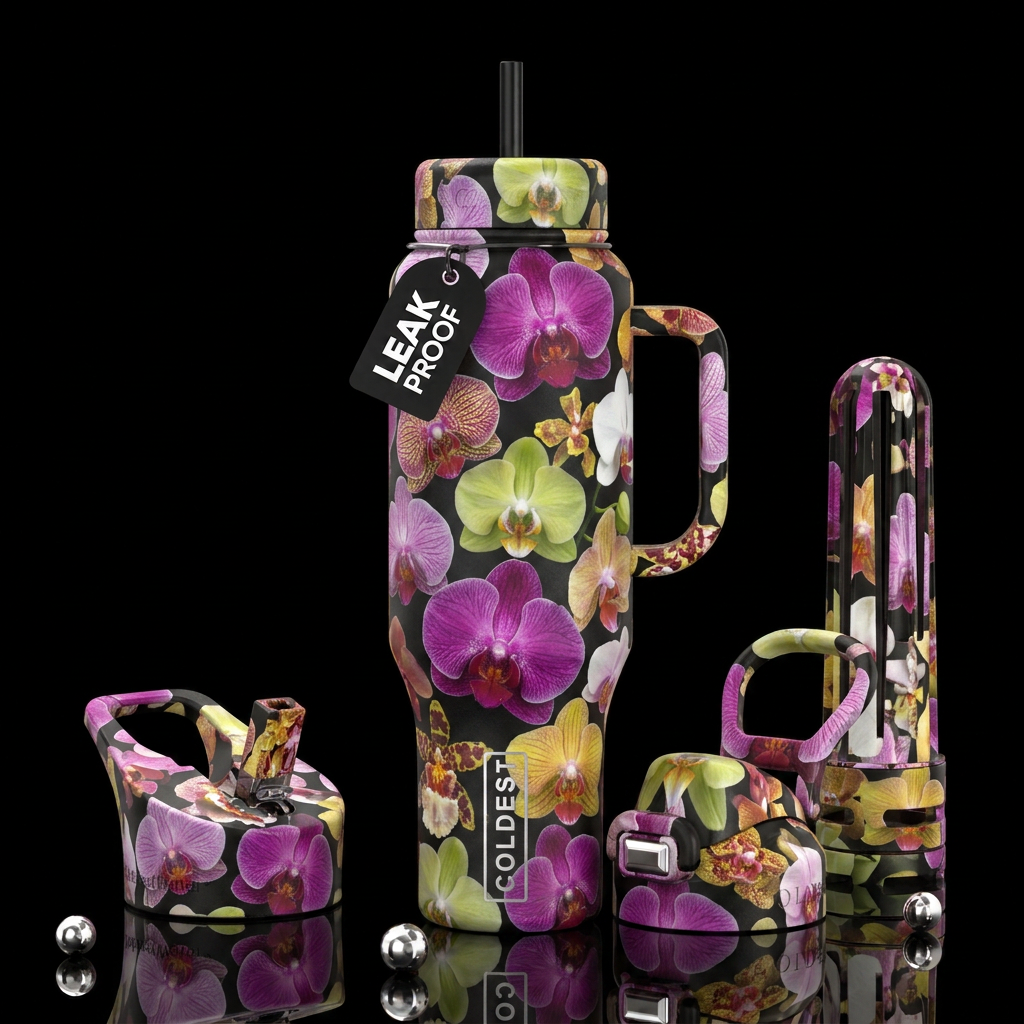 Orchids Orchid, glossy, trompe-l'œil, beautiferous water bottle design