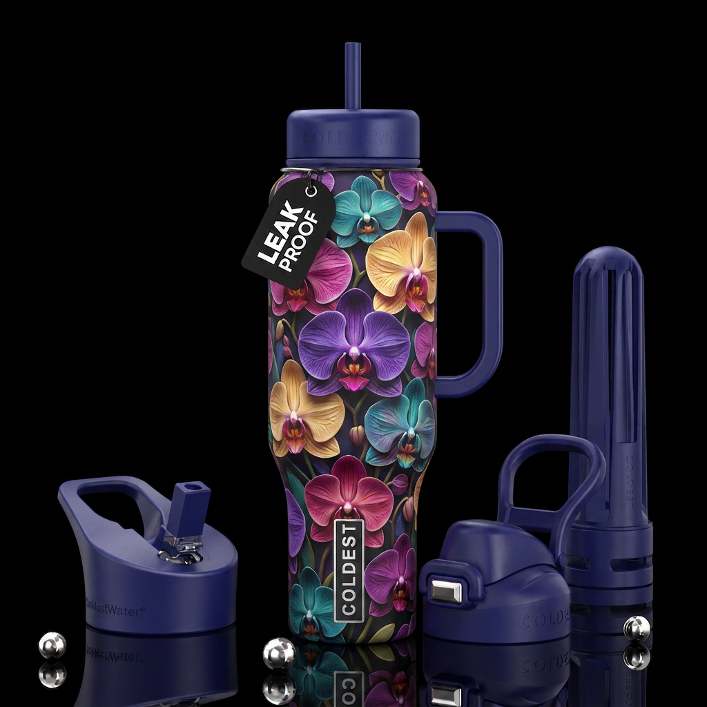 Orchids Orchids, glossy, trompe-l'œil, beautiferou... water bottle design