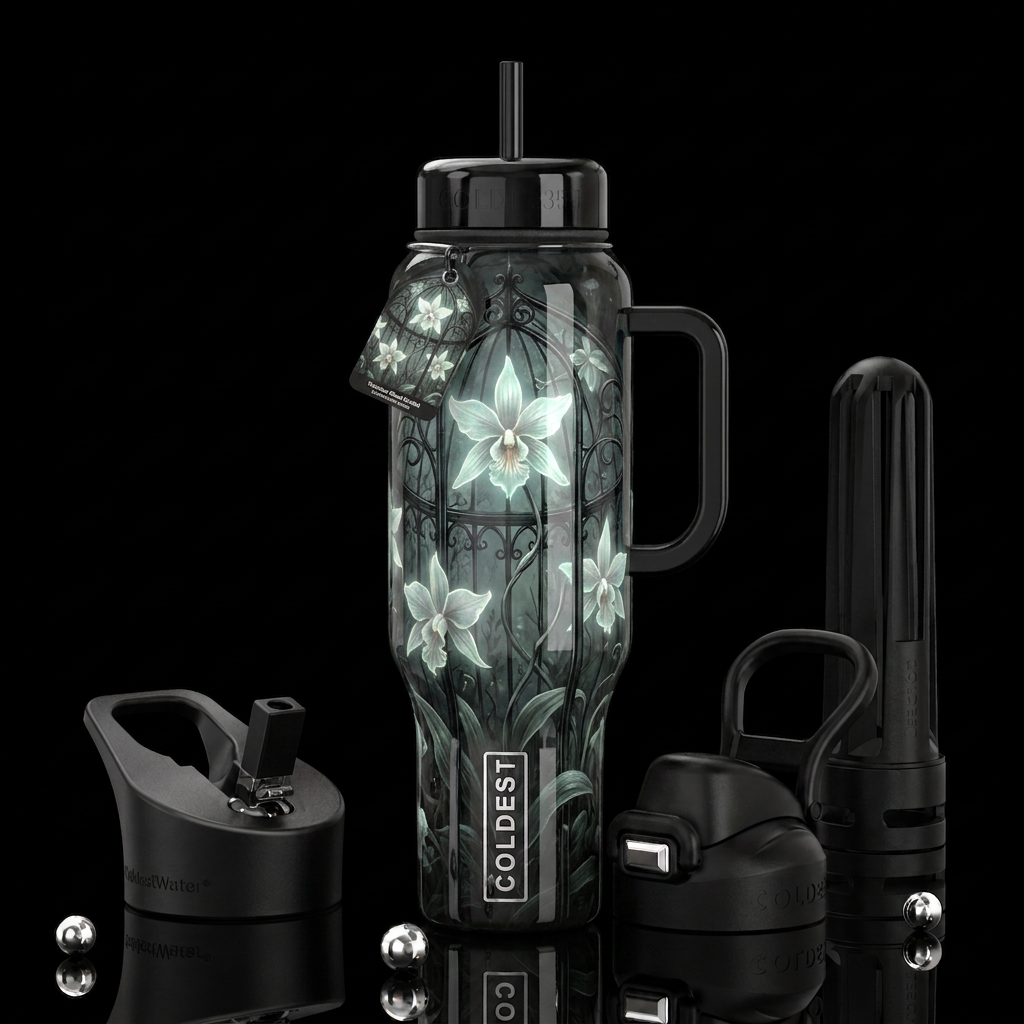 Victorian Ghost Orchids , glossy, trompe-l'œil, be... water bottle design