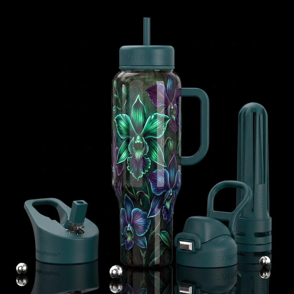 Victorian Ghost Orchids , glossy, trompe-l'œil, be... water bottle design