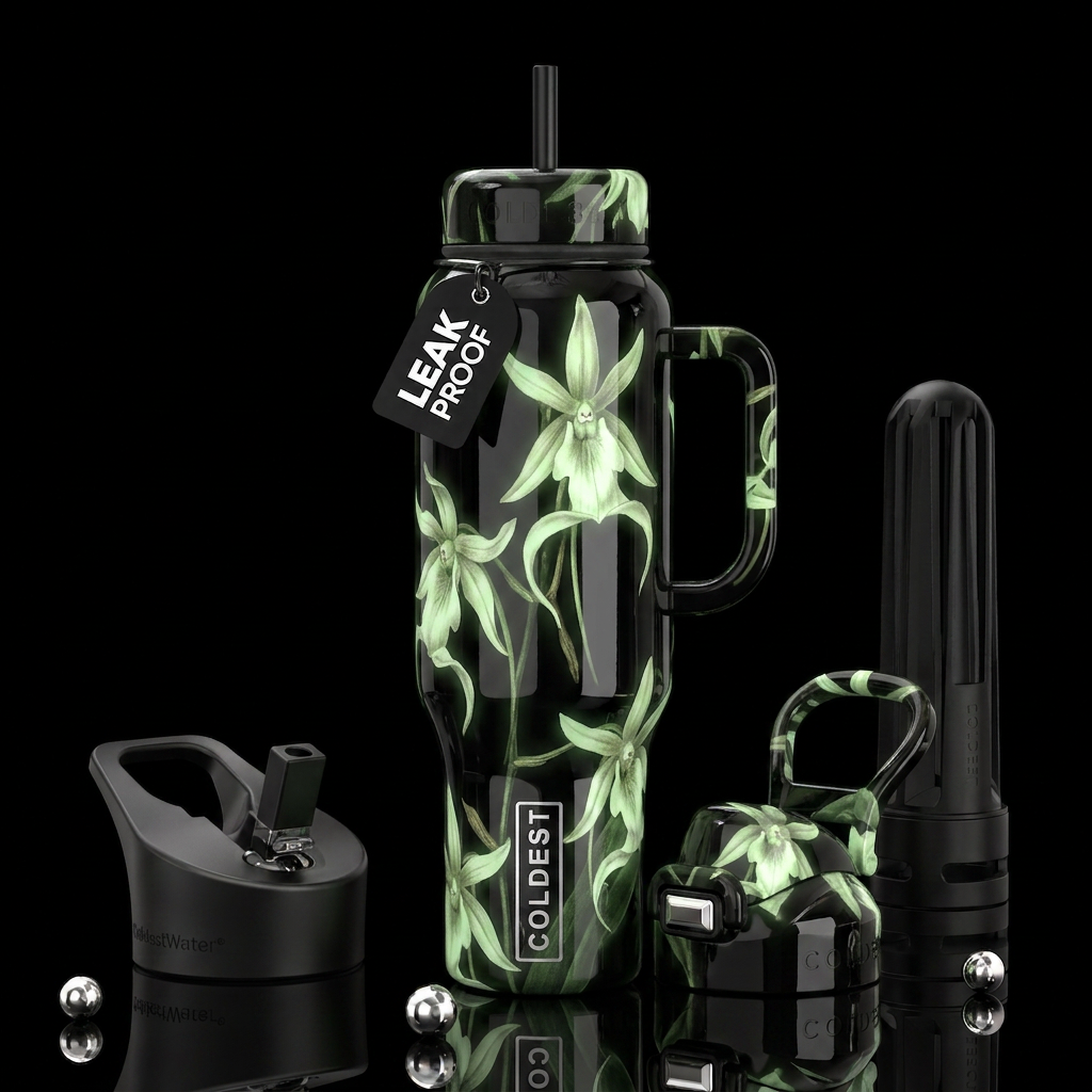 Victorian Ghost Orchids , glossy, trompe-l'œil, be... water bottle design