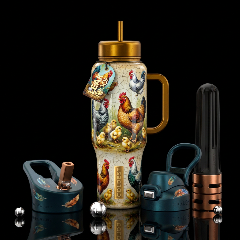 Hen hen and chicks,glossy, trompe-l'œil, beautifer... water bottle design