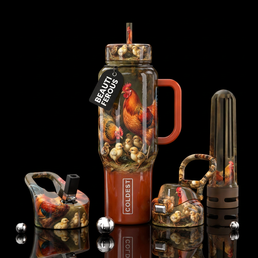 Hen hen and chicks,glossy, trompe-l'œil, beautifer... water bottle design