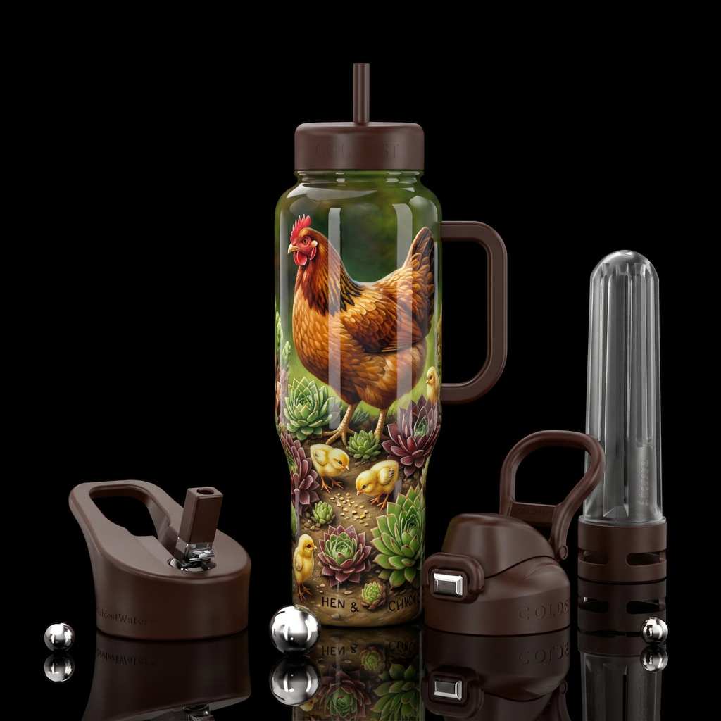 Hen hen and chicks,glossy, trompe-l'œil, beautifer... water bottle design
