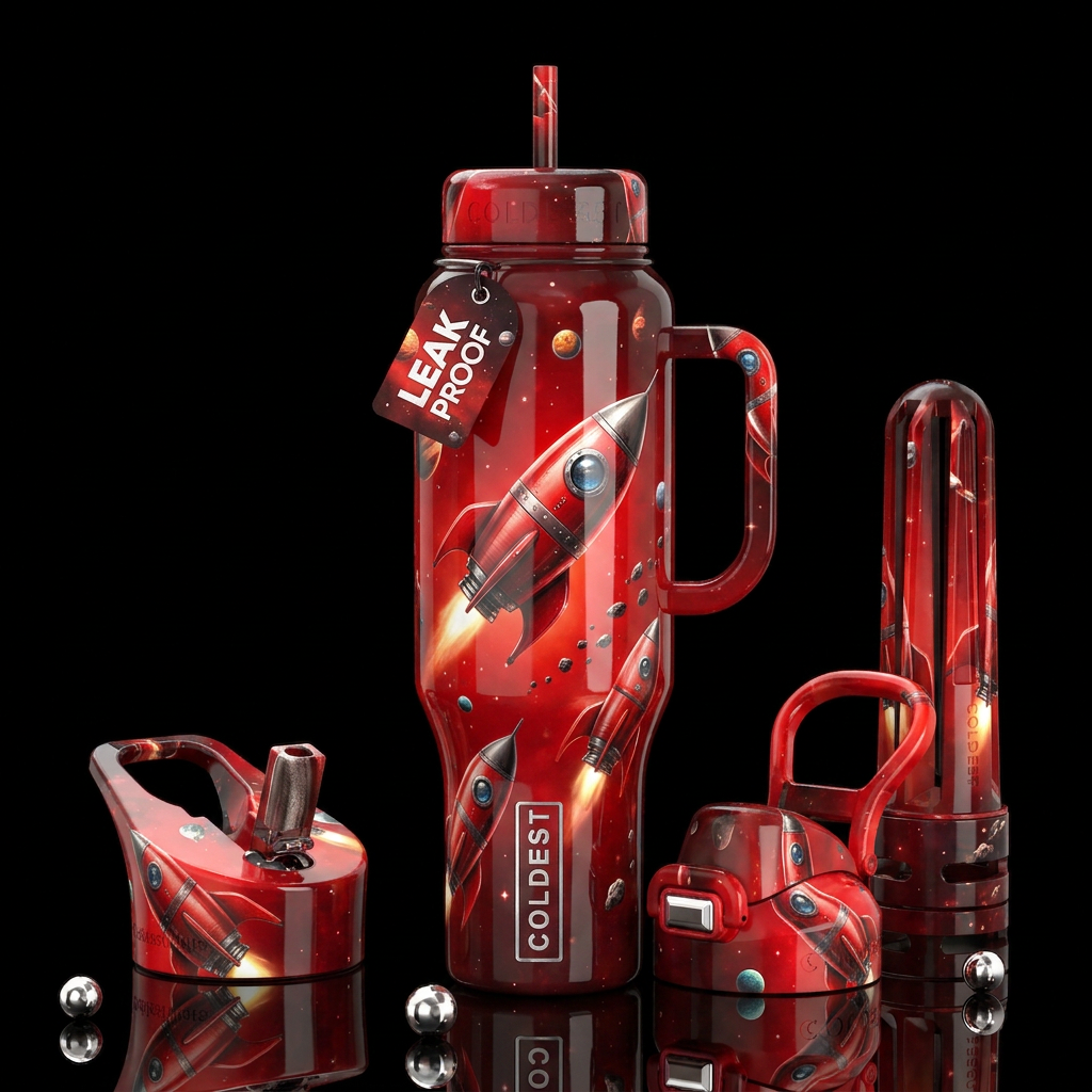 Red rockets,glossy, trompe-l'œil, beautiferous water bottle design