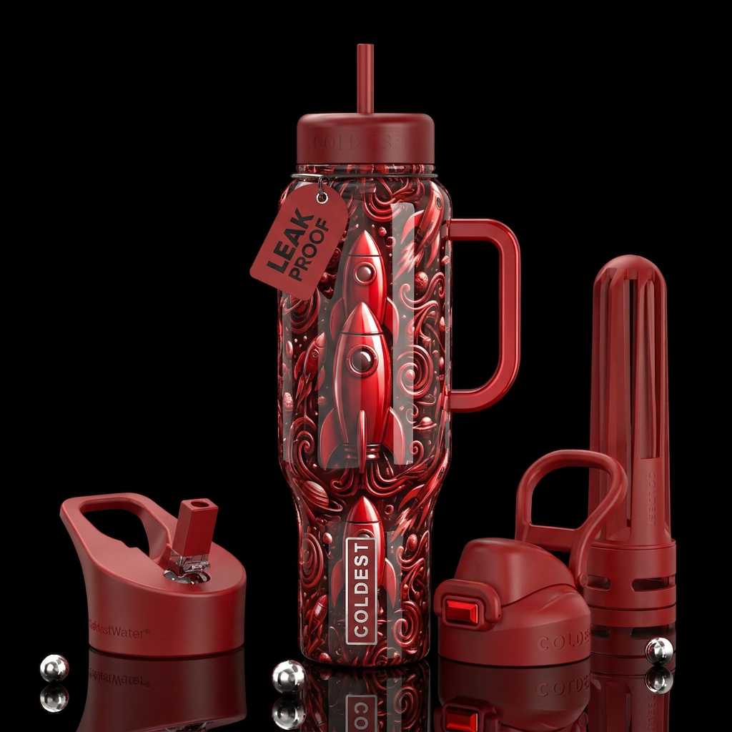 Red rockets,glossy, trompe-l'œil, beautiferous water bottle design