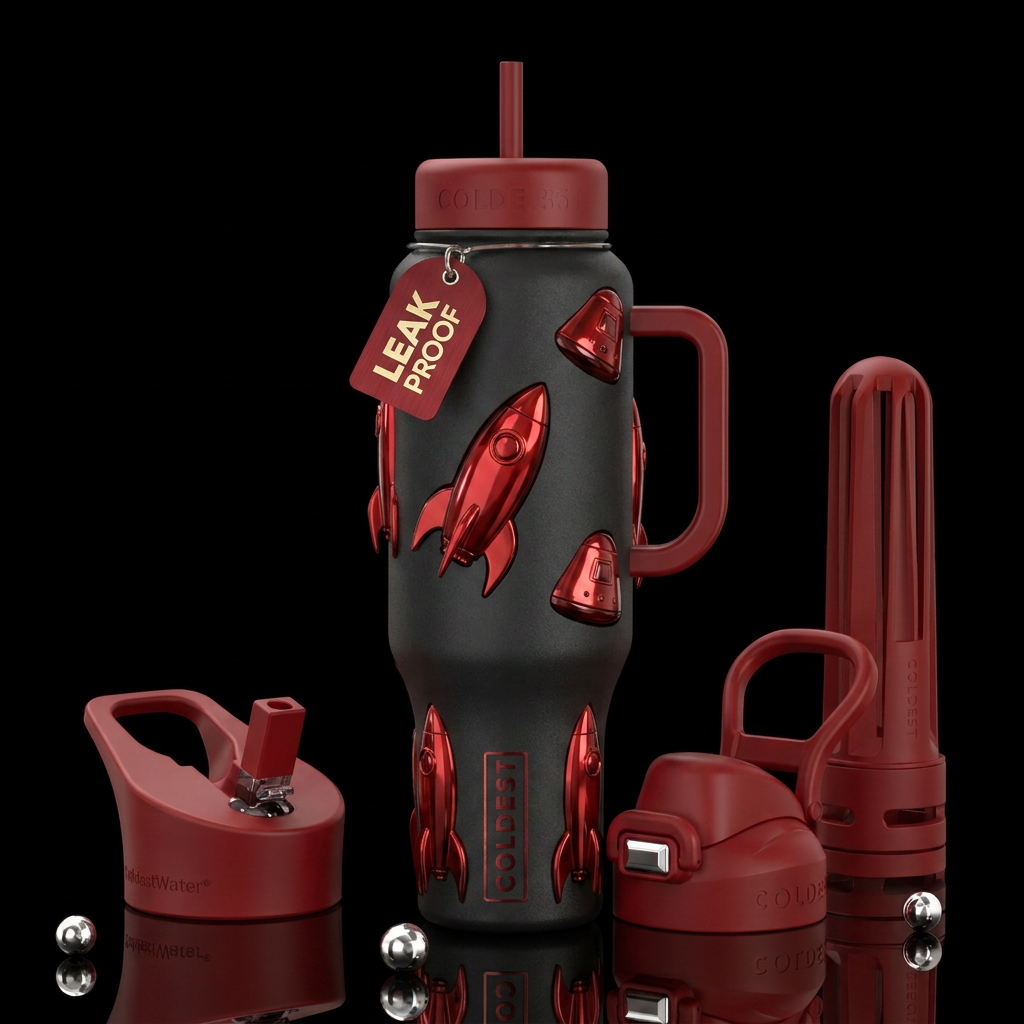 Red rockets,glossy, trompe-l'œil, beautiferous water bottle design